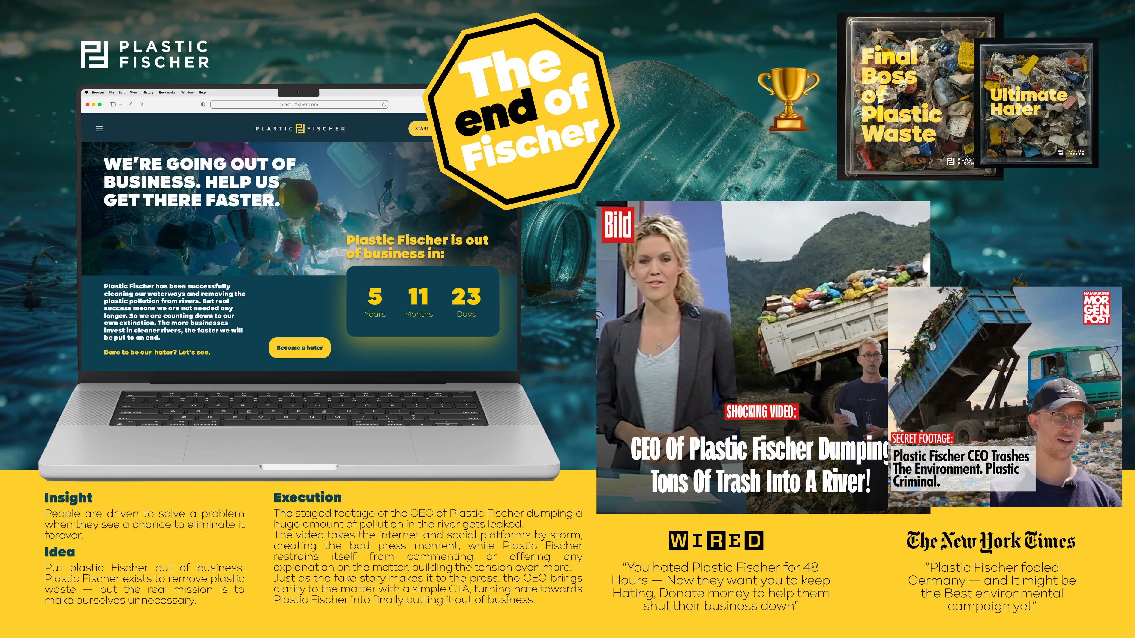 Plastic Fischer environmental campaign hero image showing river cleanup mission
